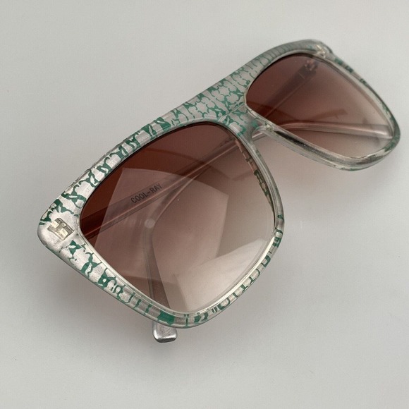 Vintage Cool-Ray Sunglasses Flat Top Shield Green Patterned Square Oversized - Picture 10 of 10